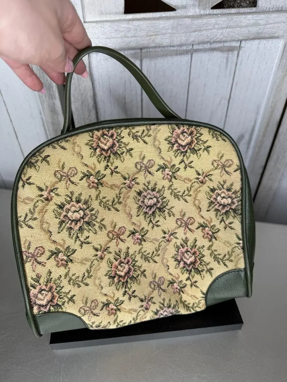 Vintage Tapestry Handbag Floral Petit Point Top Handle Purse 60s-70s Green Vinyl